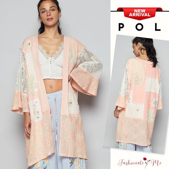 POL Double Gauze & Lace Mix Embroidered Detail Loose Open Front Cardigan | Pink - Picture 1 of 4